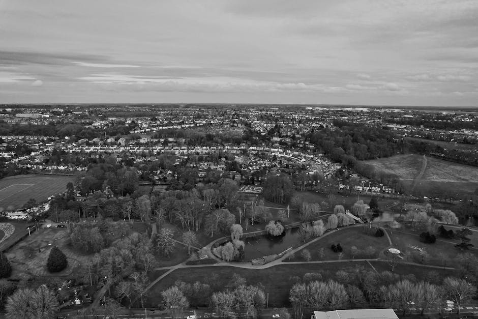 Aerial view of a residential neighbourhood showing rows of semi-detached and terraced houses with back gardens, along with a nearby commercial area featuring a large multi-storey building and a parkin